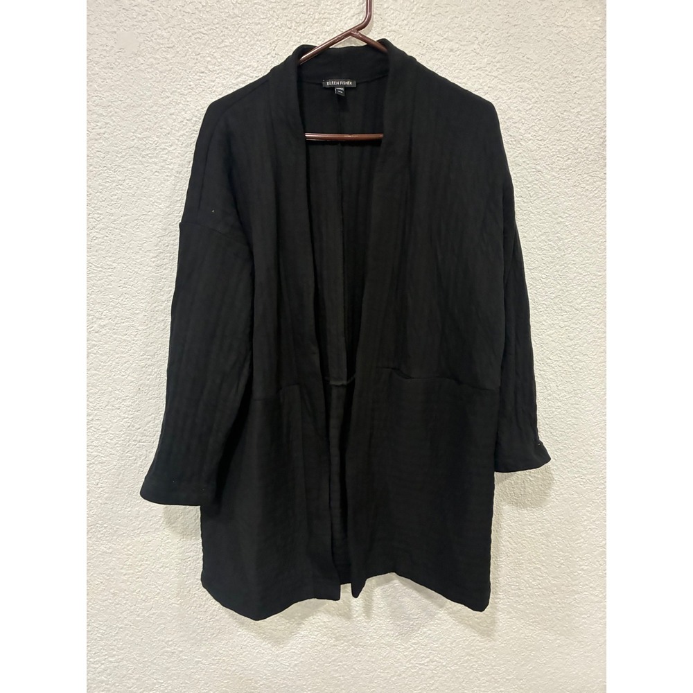 Eileen Fisher Womens Black Ribbed Open Front Cardigan Jacket Size M/M